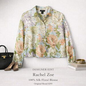 Rachel Zoe 100% Silk Floral Button Front Blouse Blue Peach M